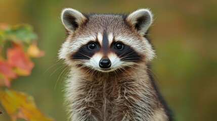 Curious raccoon gazes at the camera against a blurred autumn background in a natural setting