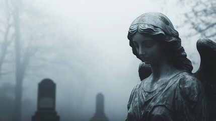 Estatuilla de un ángel en un cementerio entre la niebla durante el Día de Todos los Santos. La atmósfera oscura y melancólica evoca un sentimiento de paz, luto y recuerdo espiritual.