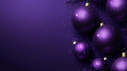 Christmas decorations with purple christmas balls and place for text.