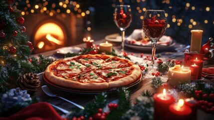 Christmas Dinner Table with Pizza and festive decorations