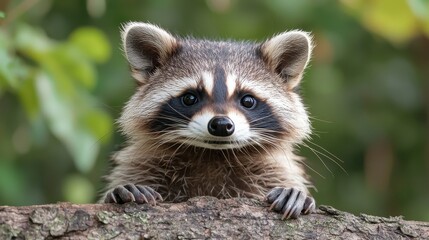 Obraz premium A curious raccoon peeking over a branch in a lush forest setting during the daytime