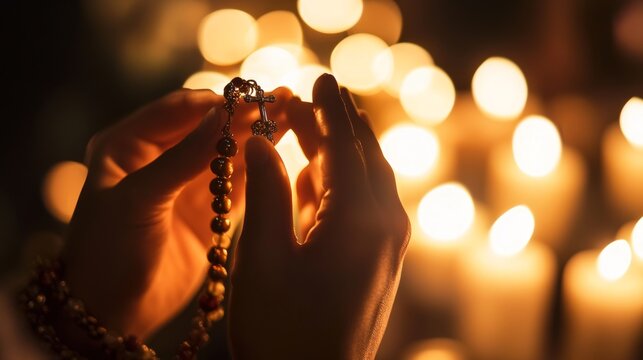 Manos sosteniendo un rosario iluminadas por la luz de numerosas velas en el Día de Todos los Santos. La imagen representa la devoción, la oración y la paz espiritual en un ambiente solemne.