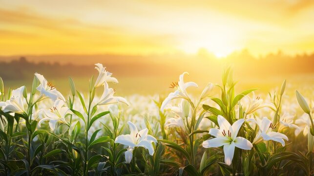 Campo de lirios blancos iluminados por la luz del amanecer en el D&iacute;a de Todos los Santos. La luz dorada del sol que se eleva simboliza la pureza y la renovaci&oacute;n espiritual.