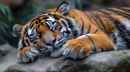 Obraz premium A tranquil tiger resting on a rocky surface at the zoo during the early morning hours, showcasing its beautiful stripes and relaxed demeanor