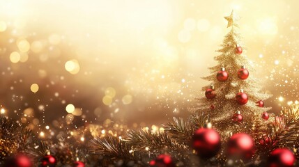Fototapeta premium Creative gold christmas tree with red balls and glitter on blurred, sparkling lights background. Festive mockup banner with baubles decoration and copy space.