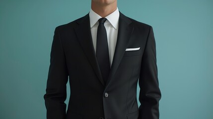 Classic Black Suit: This elegant two-piece black wool suit includes a slim-fit jacket with notched lapels and matching trousers, perfect for professional settings.
