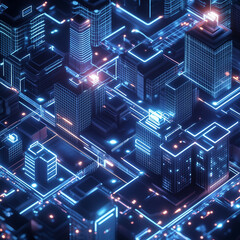 A glowing, interconnected city with visible network lines connecting buildings, symbolizing the concept of an intelligent, interconnected smart city