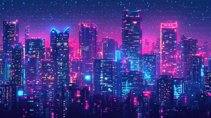 Fototapeta premium Pixel Cyberpunk neon city night. Futuristic city scene in a style of pixel art. 80's wallpaper. Retro future backdrop. Urban scene.