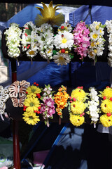 Fototapeta premium Hair clips in the form of various flowers, made of foam plastic