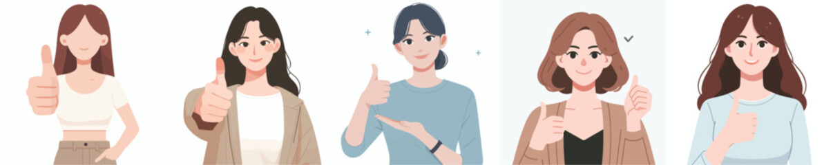  vector set of women expressing their thumbs up with a flat design style, simple and minimalist white background