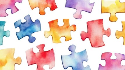 Obraz premium Watercolor of colorful jigsaw puzzles isolated on white background,Watercolor hand drawn illustrations,kid teamwork,cartoon style,Concept of autism awareness day, board children games.