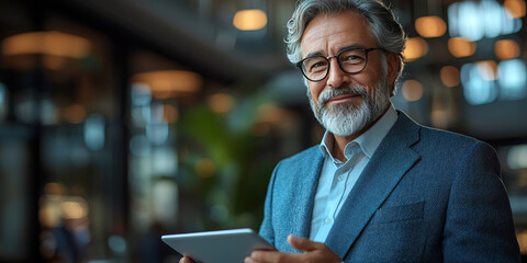Fototapeta premium Smiling businessman holding a tablet.