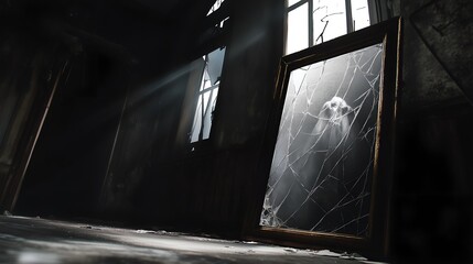 Haunted Mirror with Ghostly Reflection in Abandoned House