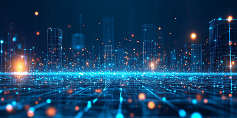 A glowing, interconnected city with visible network lines connecting buildings, symbolizing the concept of an intelligent, interconnected smart city