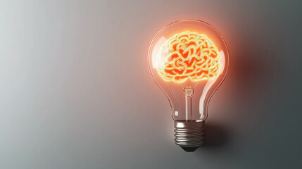 A lit bulb with a brain outline glowing inside, capturing the essence of imagination, creative thought, and innovation on a subtle grey backdrop.
