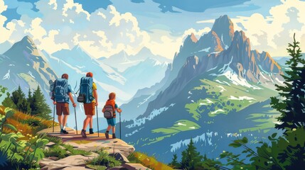 Obraz premium Cartoon vector Family hiking on a mountain trail, with backpacks and walking sticks, overlooking a scenic valley