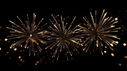 Fototapeta premium Golden fireworks with bokeh effects creating an abstract New Year ambiance, space for text placement. Realistic fireworks isolated on dark backdrop, adding a touch of festive celebration.