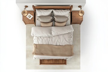 Overhead view of a bed with a wooden headboard and frame, white linens, and a beige throw blanket.