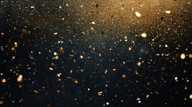 golden Confetti masculine glitter misty background. Copy darkness. sky festive Dark touch. holiday abstract Black falling dramatic night texture magical background glistering