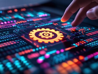 Obraz premium A close-up view of a hand interacting with a digital interface featuring vibrant gears and neon graphics.