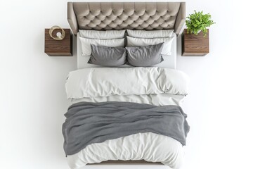 Top view of a bed with a tufted headboard, white bedding, grey throw blanket, and bedside tables.