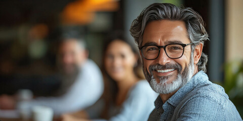 Smiling man with grey hair and beard in a casual setting.