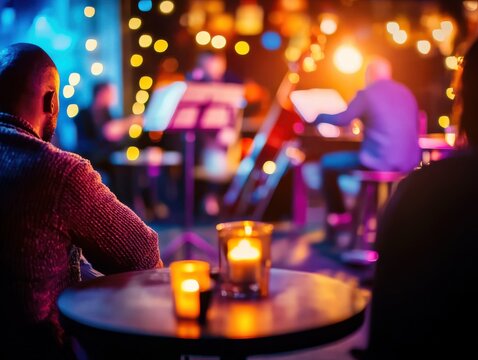A cozy musical atmosphere with warm candlelight, perfect for enjoying live performances and intimate gatherings.