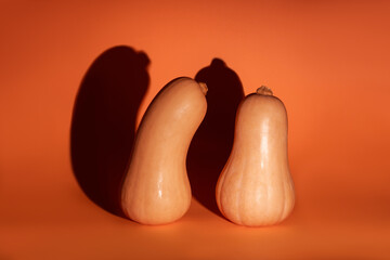 two pumpkins with big ominous shadows isolated on orange background, halloween mood