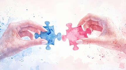 Fototapeta premium Watercolor of hands of man connecting jigsaw puzzle,Two hands trying to connect couple puzzle,business people putting the jigsaws team together,partnership success,Generative AI,3D render.