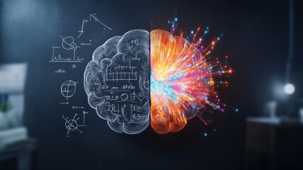 A creative illustration showcasing the contrast between analytical and creative thinking in the human brain.