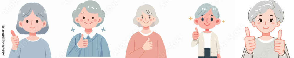 Wall mural vector set of grandmother expressing thumbs up in flat design style