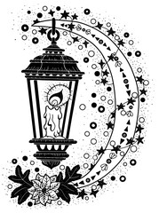 Hand drawn vector illustration with vintage old lantern and decorated moon on white. Esoteric, gothic and mystic object or element. Halloween and New Year concept. 