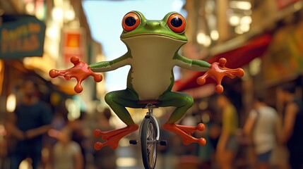 Green Frog Riding a Unicycle in a Busy City Street
