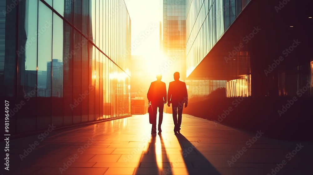 Sticker Silhouettes of three people walking towards a bright light in a modern city setting