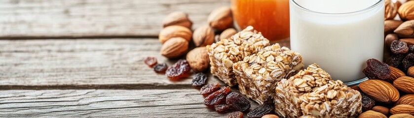 Obraz premium A healthy snack arrangement featuring protein bars, almonds, raisins, honey, and milk on a rustic wooden surface.