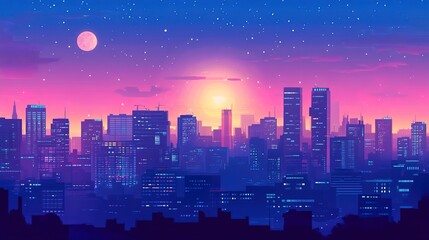 Fototapeta premium Panoramic city skyline flat design, top view, anime theme, animation, vivid