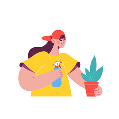 Woman with sprayer waters houseplant