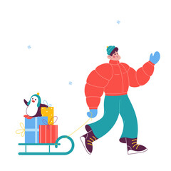 Man carrying sleigh with christmas gifts