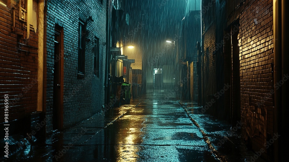 Wall mural Back street alley with old city houses in rain at night. Empty dark alleyway 