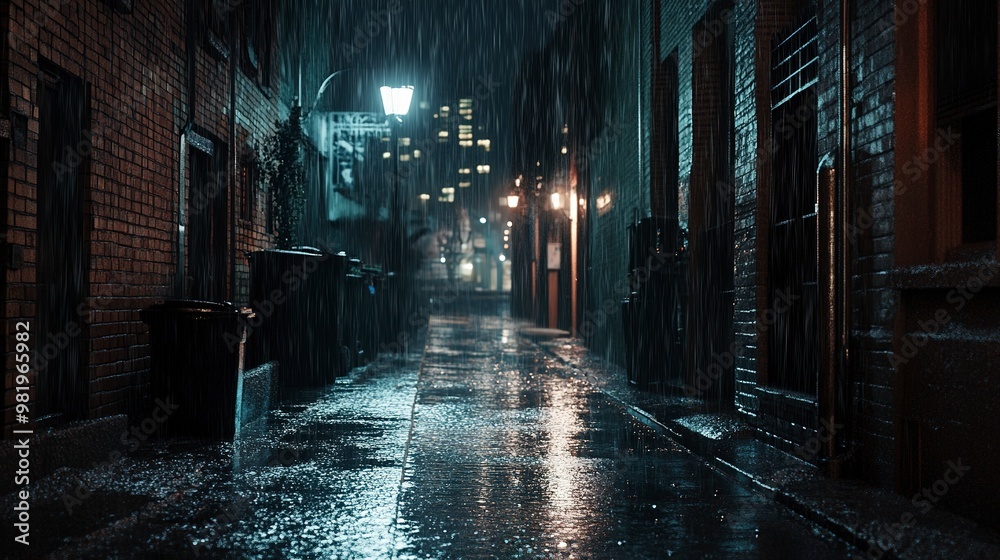 Poster Back street alley with old city houses in rain at night. Empty dark alleyway 