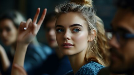 Fototapeta premium A Young Woman with Blonde Hair and Blue Eyes Raises Her Hand in a Classroom Setting