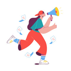 Woman shouting marketing slogans into a bullhorn