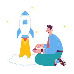 Man presses a button and launches a rocket