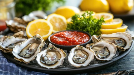 Fresh Oysters with Lemon and Cocktail Sauce