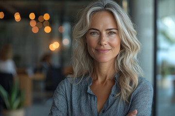 Obraz premium A woman with long blonde hair smiles at the camera.