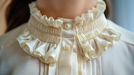 Silk Blouse: A refined ivory silk blouse with a tailored fit, highlighted by delicate pearl buttons and soft ruffles along the collar for a touch of sophistication.
