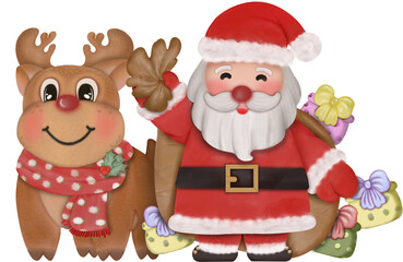 Set of cartoon santa claus and Reindeer hand drawn cute.characters cute and happy for decor elements christmas  holiday eve celebration .