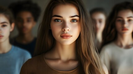 Fototapeta premium Close-up Portrait of a Young Woman with Long Brown Hair