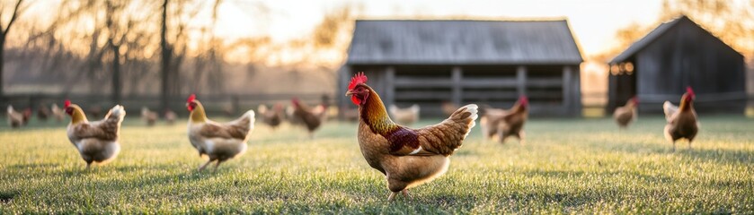 Fototapeta premium A peaceful farm scene featuring chickens roaming freely in a sunlit field, embodying rural life and natural beauty.