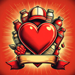 A heart with a red hat and a bunch of bottles in the middle.